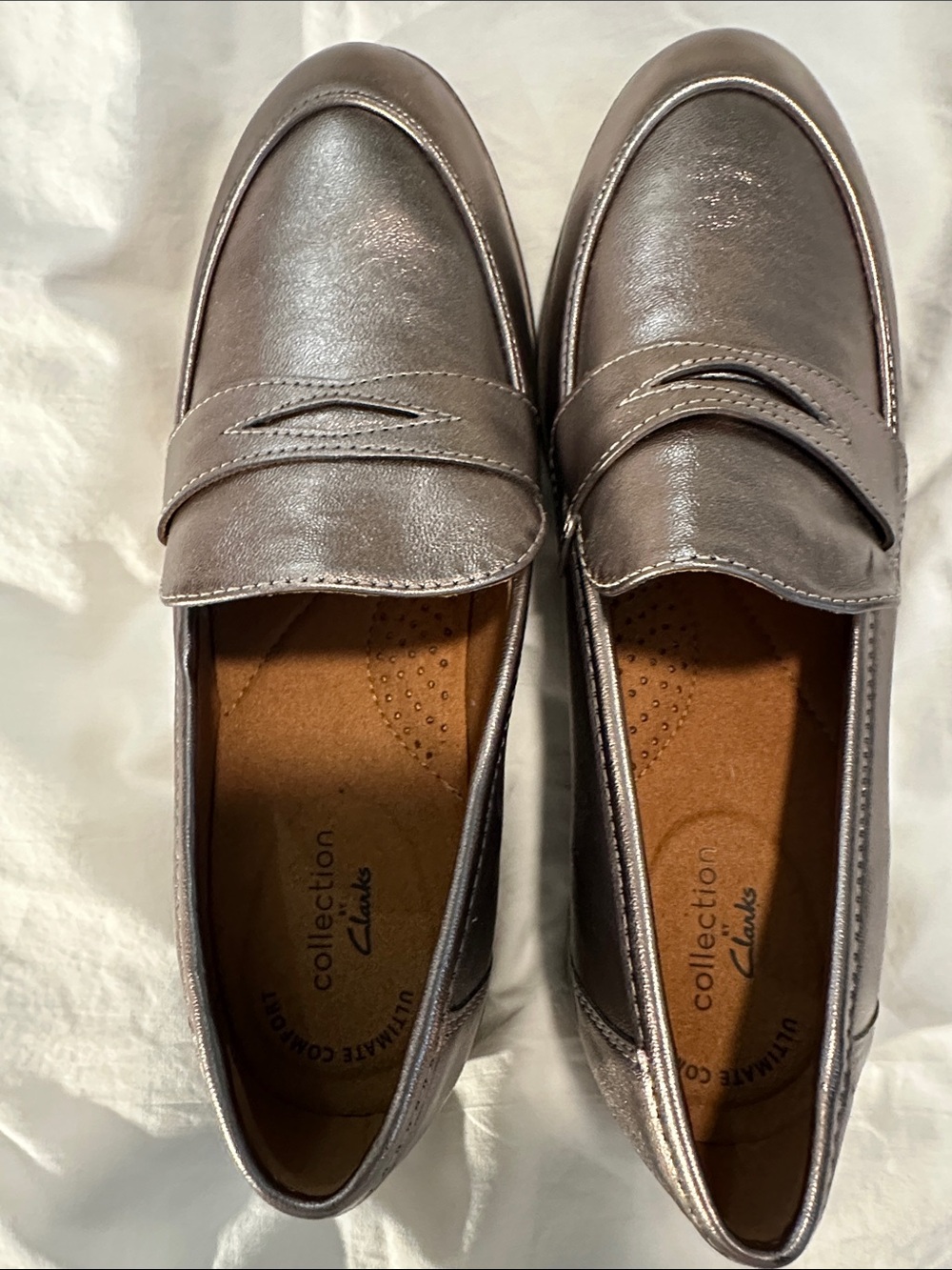 Clarks Metallic Pewter Penny Loafers